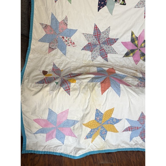 Vintage Hand-Stitched Lemoyne Star Summer Quilt Coverlet 8 Point  73" X 67" - Picture 15 of 16